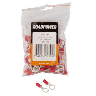 Roadpower Insulated Ring Crimp Terminal Red 8.0mm Eye Qty 100
