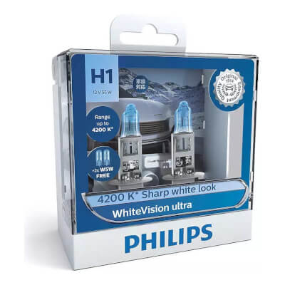 Philips Halogen Globe H1 12V 55W P14.5S 4200K +60% More Light Ultra WhiteVision (Twin Pack)