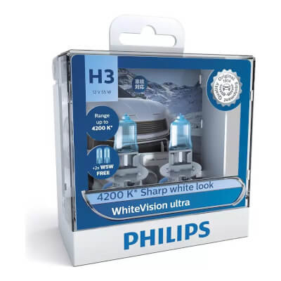 Philips Halogen Globe H3 12V 55W PK22S 4200K +60% More Light Ultra WhiteVision (Twin Pack)