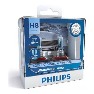Philips Halogen Globe H8 12V 35W PGJ19-1 4200K +60% More Light WhiteVision Ultra (Twin Pack)