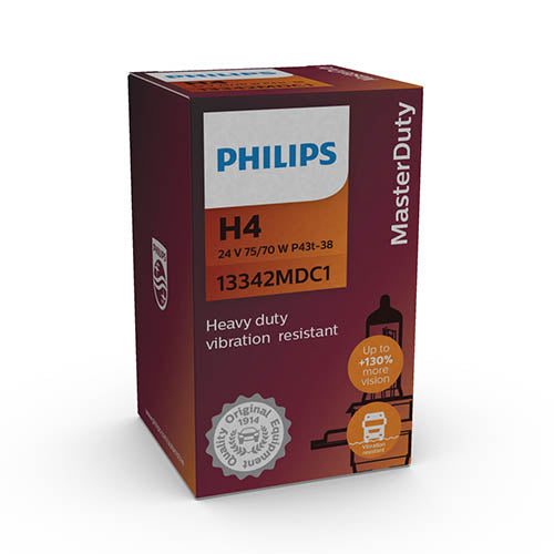 Philips Halogen Globe H4 24V 75/70W P43T-38 3200K Master Duty +130% More Light Boxed (Single)