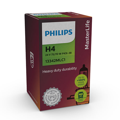 Philips Halogen Globe H4 24V 75/70W P43T-38 Masterlife 100% More Vision Boxed (Single)