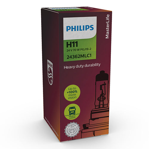 Philips Halogen Globe H11 24V 70W PGJ19-2 Masterlife 100% More Vision Boxed (Single)