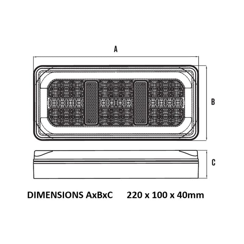 LED Rear Combination Lamp 10-30V Stop/Tail/Ind/Rev/Ref Glowtech Tail 220x100x37mm