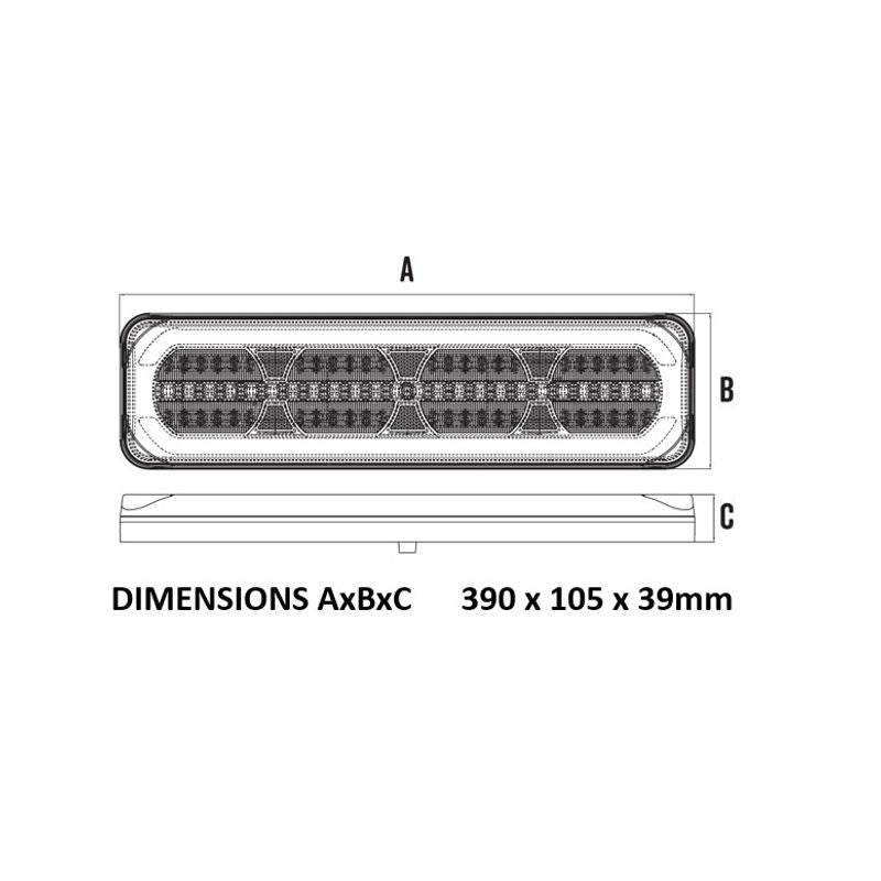 LED Rear Combination Lamp 10-30V Stop/Tail/Ind/Ref Glowtech Tail 390x105x39mm