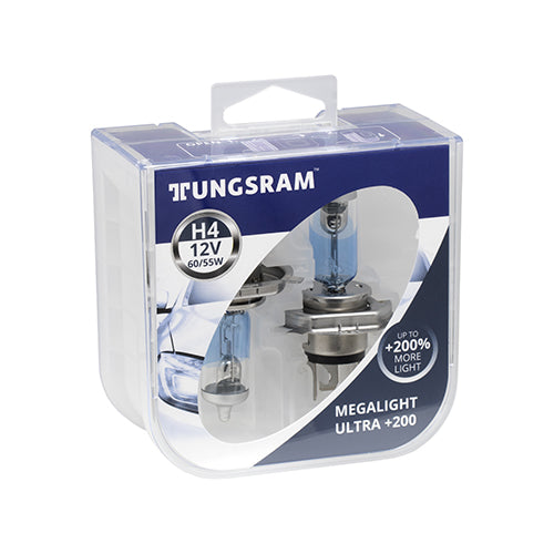 Tungsram Halogen Globes H4 12V 60/55W P43t-38 Megalight Ultra +200% (Twin Pack)