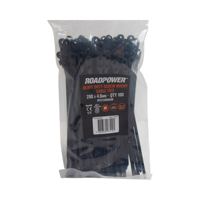 Screw Mount Cable Tie Heavy Duty Black 200mm x 4.6mm (Pkt of 100)
