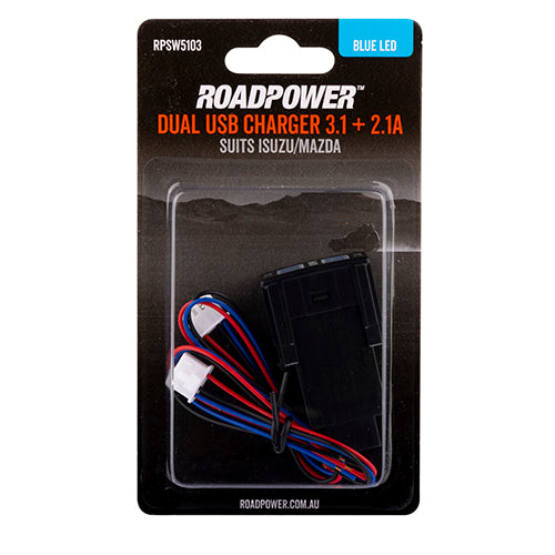 Switch Roadpower USB 3.1 + 2.1A Suits Isuzu/Mazda Includes Harness 32.8 x 22mm Blue LED