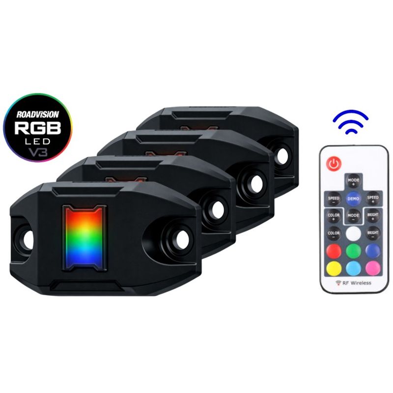 Roadvision LED Rock Light Kit V3 RGB 4 Way with RF Remote Control Upgradable to 8 lights