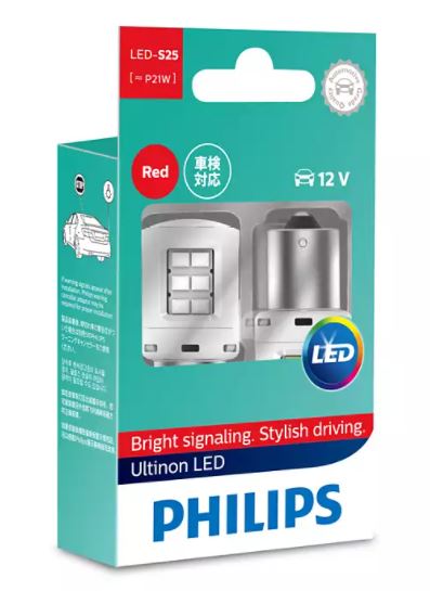 Philips LED Globe 12V S25 / P21 Red Stop Light 80lm BA15S Base Ultinon LED [Pair]