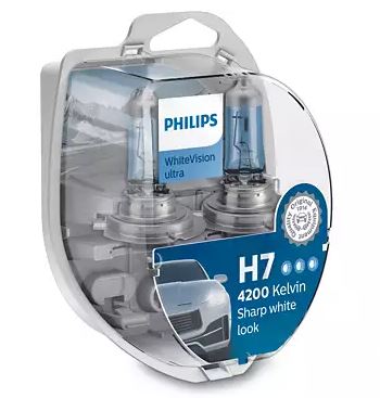 Philips Halogen Globe H7 12V 55W PX26D WhiteVision Ultra 4200K +60% Blister Pack Twin
