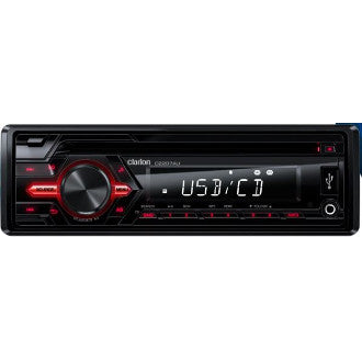 Clarion 12V CD Tuner with USB Input AUX Input SD/MP3/WMA Built In 4 x 45 Watt Amplifier Single DIN Size Wireless Remote Control Included OEM Steering Wheel Remote Ready