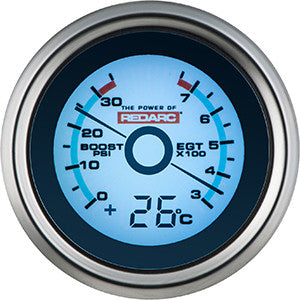 Redarc Boost Pressure & Exhaust Gas Temperature Gauge 52mm Diameter With Optional Temperature Display