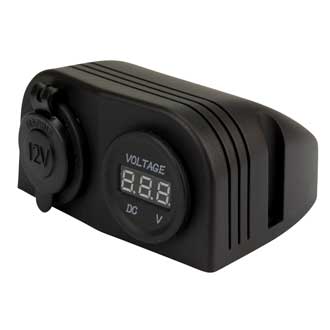 Double DC Accessory Socket Socket and Voltmeter, Surface Mount, 12/24V Input/Output, 20/10A Output