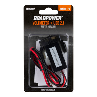 Switch Roadpower AUX Volt Meter + USB 2.1A Suits Nissan Includes Harness 35 x 20mm Orange LED