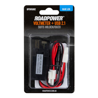 Switch Roadpower AUX Volt Meter + USB 2.1A Suits Holden/Isuzu Includes Harness 33 X 23mm Blue LED