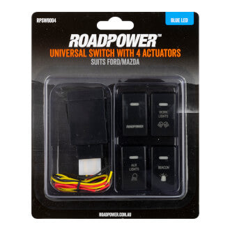 Switch Roadpower 4 Symbol Roadpower/Work Light/Aux Light/Beacon Suits Ford/Mazda Includes Harness 39 x 23.6mm Blue LED